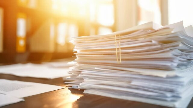 A close-up of a cluttered stack of paperwork in warm natural light, held together by a metal clip. Scattered documents on a dark table reflect the chaos of a busy office.