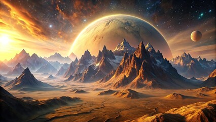Bleak mountains of uninhabited planet illuminated by warm cosmic light