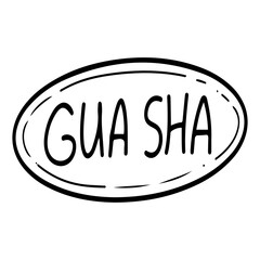 Gua sha hand drawn doodle. Lettering. Self care. Cosmetic massage. Stroking skin with stone scrapers. Body health. Vector engraving line art illustration.