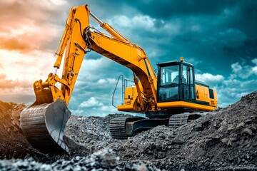 Coal mining in an open pit. Mining excavator loads coal in haul truck in quarry. Excavator digging in an open pit coal mine. Tipper truck hauling minerals from open-pit. Heavy machinery in opencast.