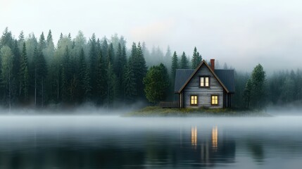 A serene lakeside cabin surrounded by misty trees evokes tranquility and a sense of escape into nature.