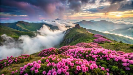 Blooming pink rhododendron in Ukrainian Carpathian mountains