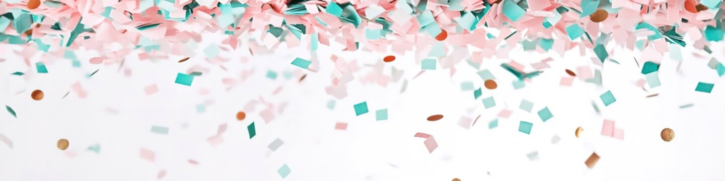 Floating colorful confetti on white backdrop, celebration theme