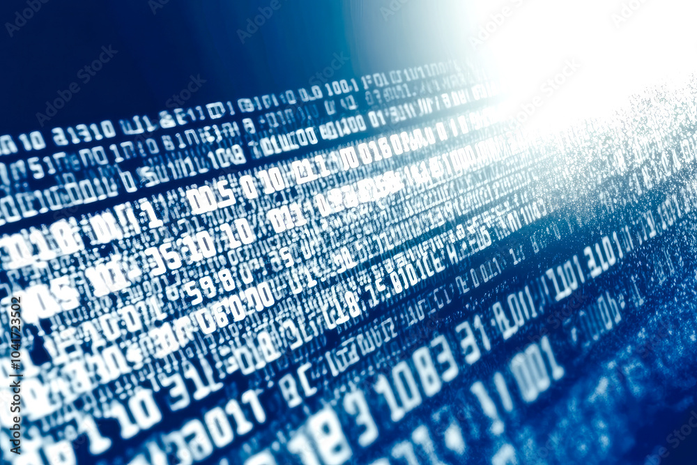 Poster a mesmerizing display of flowing binary numbers bathed in blue light, illustrating the endless strea