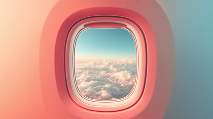 Naklejka premium closeup of an airplane window revealing a breathtaking view of fluffy white clouds against a clear blue sky The window frame is a vibrant shade of coral creating a captivating contrast