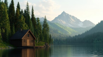 Fototapeta premium A serene lakeside scene featuring a rustic cabin surrounded by towering pine trees and majestic mountains in the background.