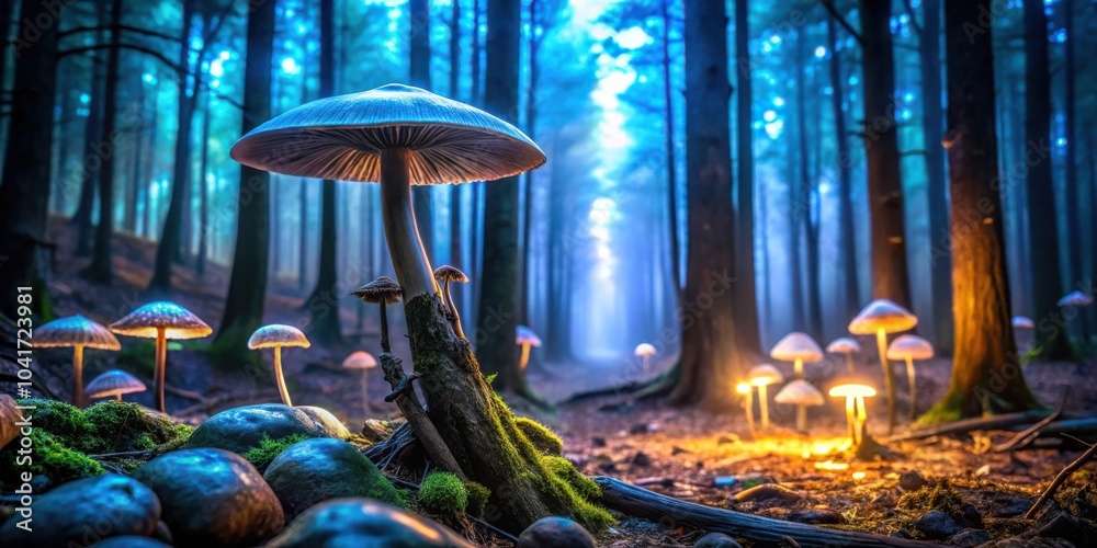 Aufkleber a large mushroom grows from a mossy tree stump in a mystical forest, illuminated by the glow of smal