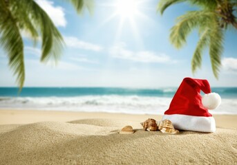Red santa claus hat lying on the sand of a tropical beach with seashells in the foreground