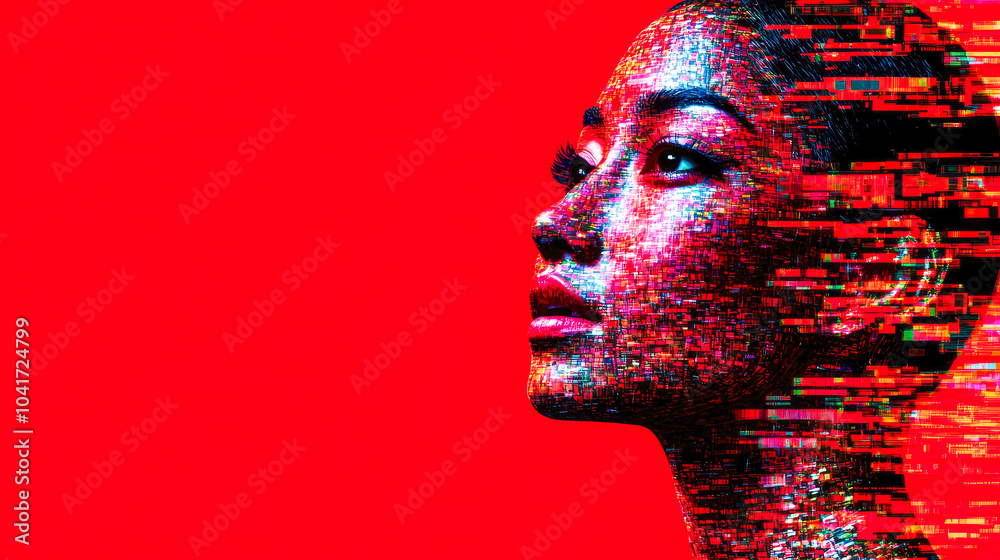 Wall mural a captivating red glitch art portrait profile view with abstract color blocks, creating a striking f