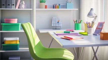 A stylish home office with a white desk and shelves, featuring a bright green chair and colorful stationery, adding vibrancy to an otherwise neutral workspace.