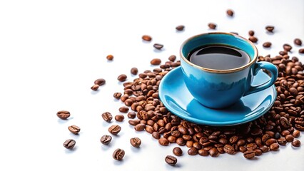 Obraz premium Black coffee in blue cup with scattered grains on white background Low Angle