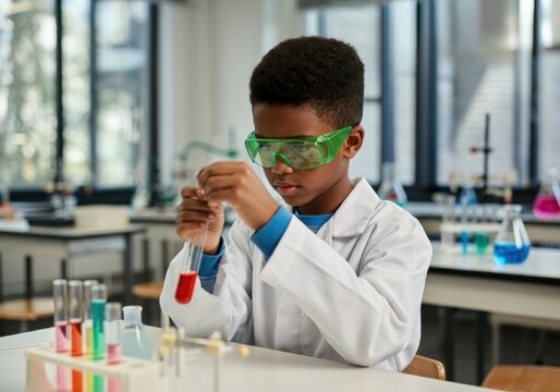 Young chemist is carefully examining a test tube filled with red liquid in a laboratory setting