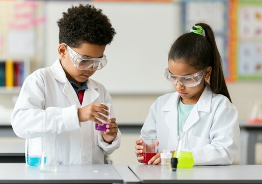 Two young scientists are carefully examining colorful liquids in beakers during a science experiment in their elementary school classroom