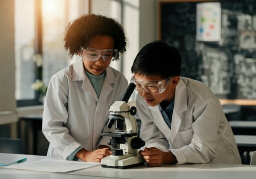 Two young scientists wearing lab coats and safety goggles using a microscope during a science experiment in a school laboratory