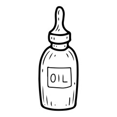Bottle of cosmetic oil hand drawn doodle. Beauty tool. Skin moisturizing. Care procedures. Healthy lifestyle. Vector line art illustration.
