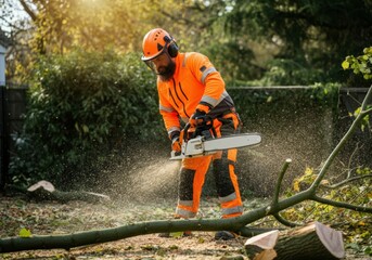 Lumberjack wearing safety gear is using a chainsaw to cut a fallen tree trunk on a sunny day