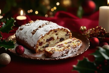Traditional christmas stollen cake is presented on a festive table, sliced to reveal its rich fruit filling