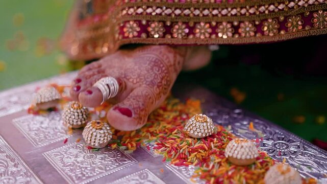 Closeup shot of Indian bride and groom performing rituals of a wedding in India. Hindu couple taking vows of marriage by walking around the sacred fire seven times for happy and prosperous life