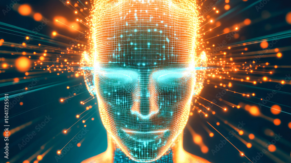 Poster an illuminated digital face with expansive data light effects, merging artistic expression with tech