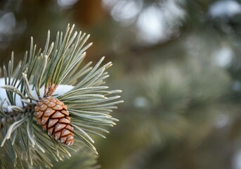 Pine cone growing on a pine tree branch covered with snow in winter