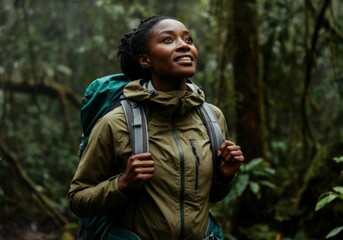 Obraz premium Young hiker is enjoying the beauty of nature while exploring a tropical rainforest