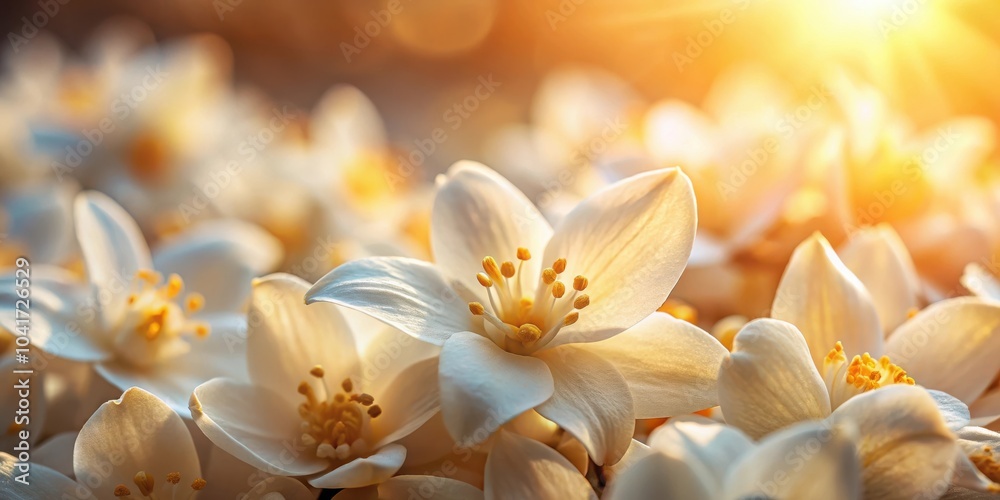 Poster a delicate cluster of white blossoms basking in the warm glow of the setting sun, their petals gentl