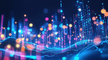 Obraz premium Digital Eon: Abstract Glowing Dots and Lines in a Data Flow Landscape