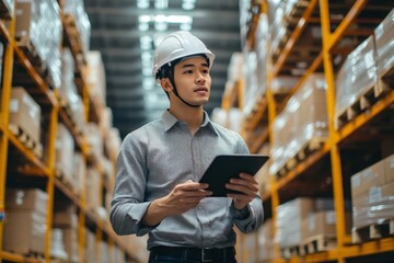 Warehouse worker holding digital tablet checking inventory and stock while working in large warehouse