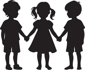 kids holding hands silhouette vector art illustration.