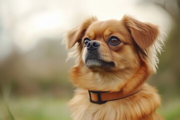 Pekinese Dog. Cute Brown Canino with Chinese Collar on Background
