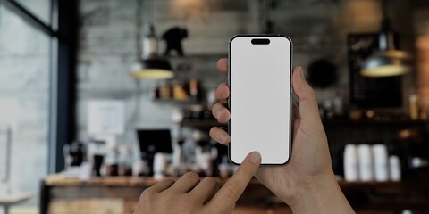 Black African-American young male using smartphone with a blank white screen. Coffee, cafe, barista apps mockup. Vertical phone orientation