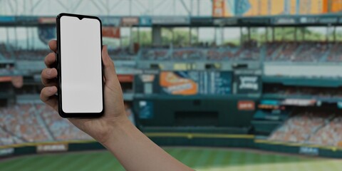 Black African-American middle aged male using smartphone with a blank white screen. Stadium, baseball, diamond apps mockup. Vertical phone orientation