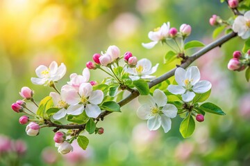 Blossoming apple tree branch with leaves and flowers in panoramic view