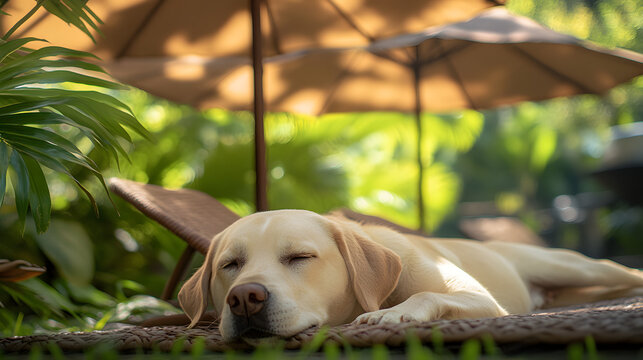 A Dog Lying Peacefully Under a Couple of Brown Umbrellas in a Serene Backyard Filled with Greenery and Warmth