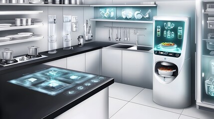 A photograph of a sleek and modern kitchen interior featuring holographic projection displays that showcase meal plans cooking tips and other digital information to assist with food and meal planning