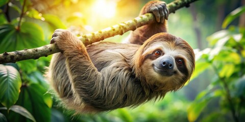 Fototapeta premium A slow-moving sloth with a gentle smile hangs from a branch in the lush canopy of a tropical rainforest