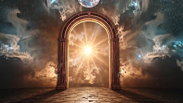 Majestic archway and into a realm of swirling galaxies and celestial wonders, where the mysteries of the universe unfold before your eyes.mp4