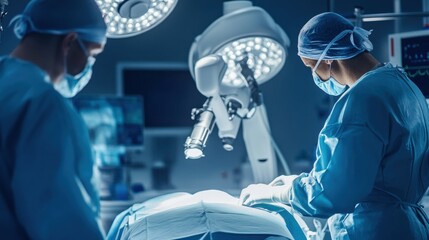 A robotic surgeon performing a delicate operation in a futuristic hospital, sterile and high-tech operating room setting with surgical equipment and medical staff, Surgical Robotics style