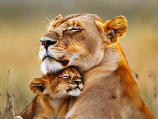 A mother lion and her cub cuddling in a field © VISUAL BACKGROUND