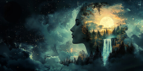 Obraz premium panoramic view of nature personified within a beautiful woman with copy space