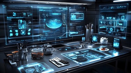 Fototapeta premium Cutting edge kitchen featuring holographic technology that provides step by step recipe instructions revolutionizing the cooking experience in a modern intelligent home setting