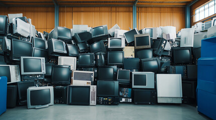 A large pile of old, discarded televisions stacked in a warehouse, illustrating electronic waste and the growing problem of e-waste recycling.