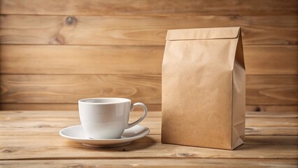Blank craft paper tea package with white coffee mug on wooden table with light background mockup