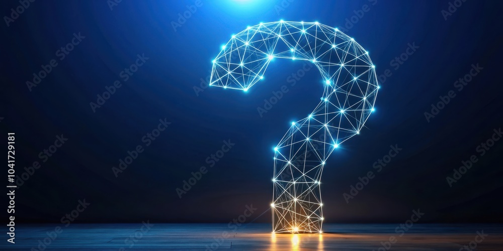 Aufkleber A luminous question mark, formed from interconnected lines and nodes, stands on a wooden surface against a dark blue background, symbolizing the pursuit of knowledge and the search for answers.