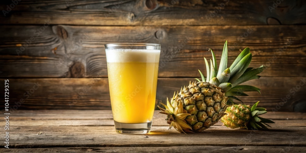 Poster a refreshing glass of pineapple juice with two whole pineapples on a rustic wooden table