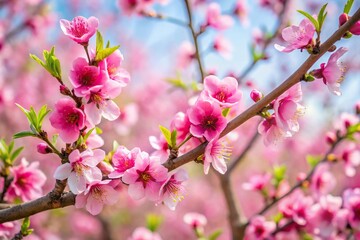 Obraz premium Blooming pink peach tree with delicate blossoms during spring season