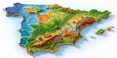 3D Map of Spain with Regions and Capitals - Detailed Landscape Representation for Educational and Informational Use