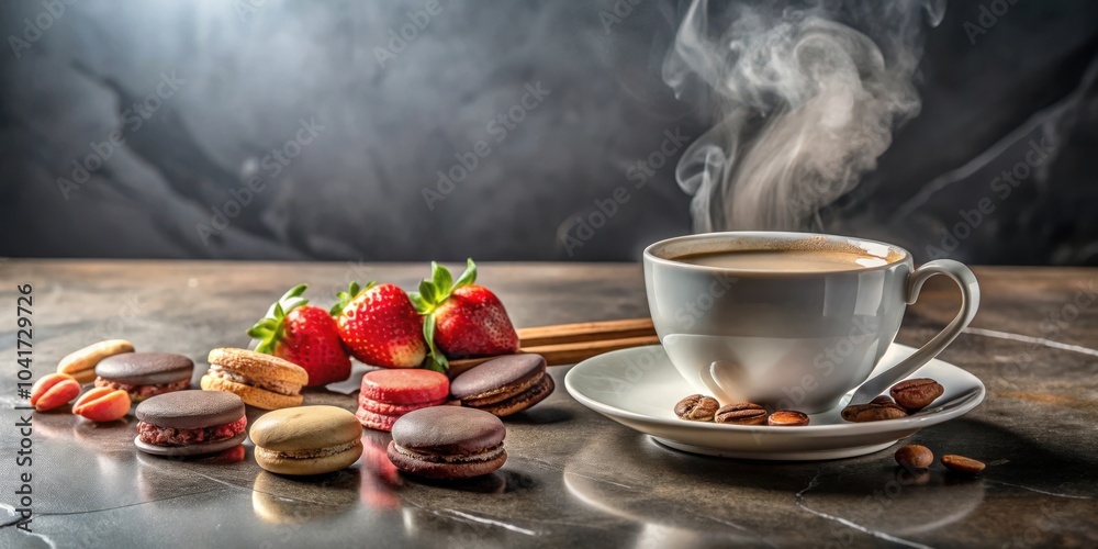 Poster a steaming cup of coffee with coffee beans and macarons on a table with strawberries