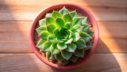 Blossom sunlit green succulent flower in pink pot aerial view