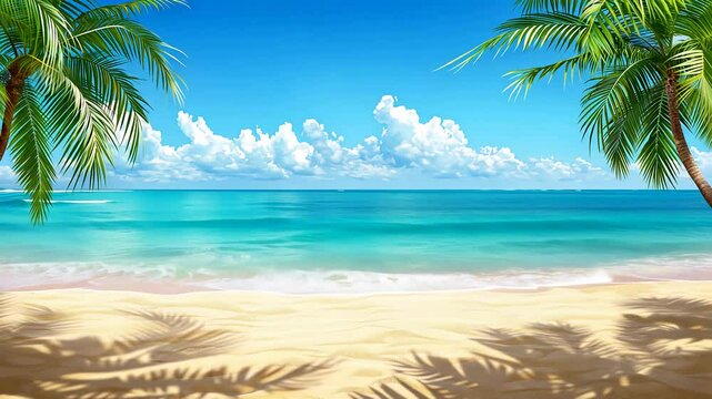 tropical beach background with palm trees casting shadows on sand near turquoise water with copy space